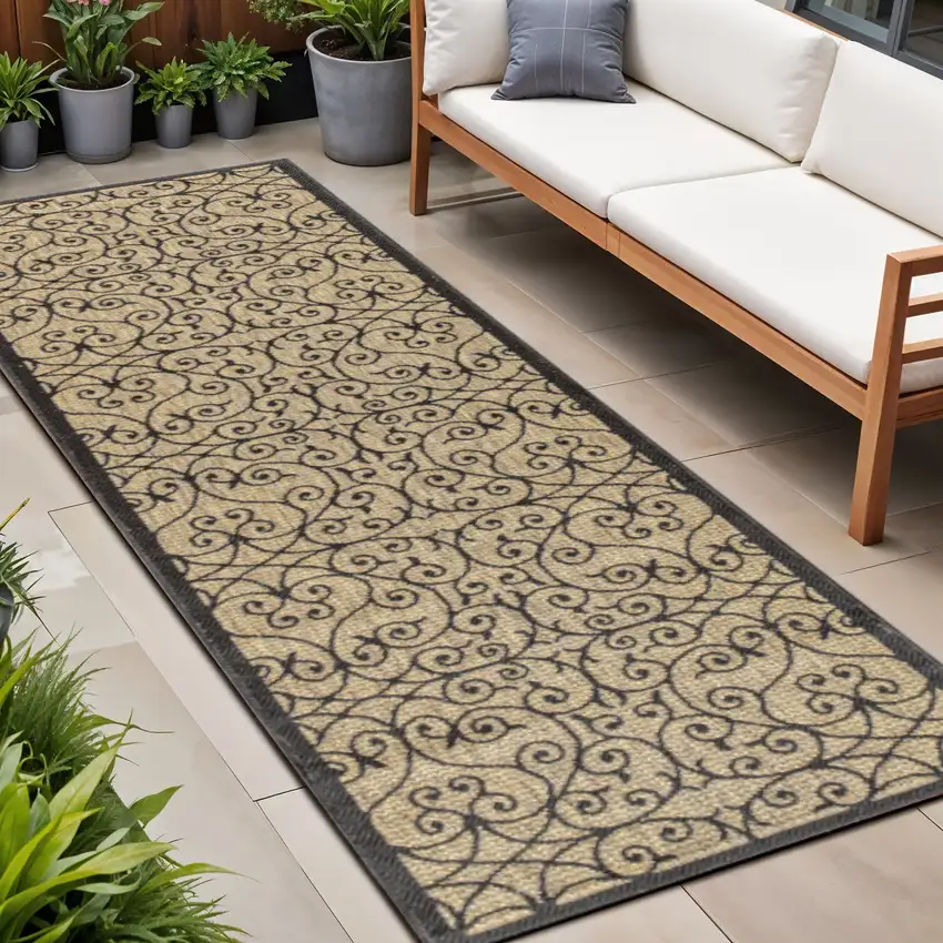 20' Black And Khaki Geometric Indoor Outdoor Runner Rug Photo 1