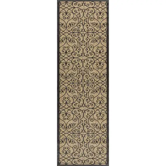 8' Black And Khaki Geometric Indoor Outdoor Runner Rug Photo 3