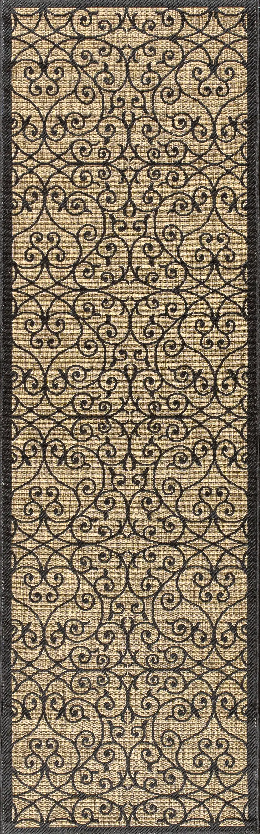 8' Black And Khaki Geometric Indoor Outdoor Runner Rug Photo 1