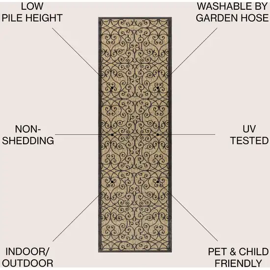 8' Black And Khaki Geometric Indoor Outdoor Runner Rug Photo 8