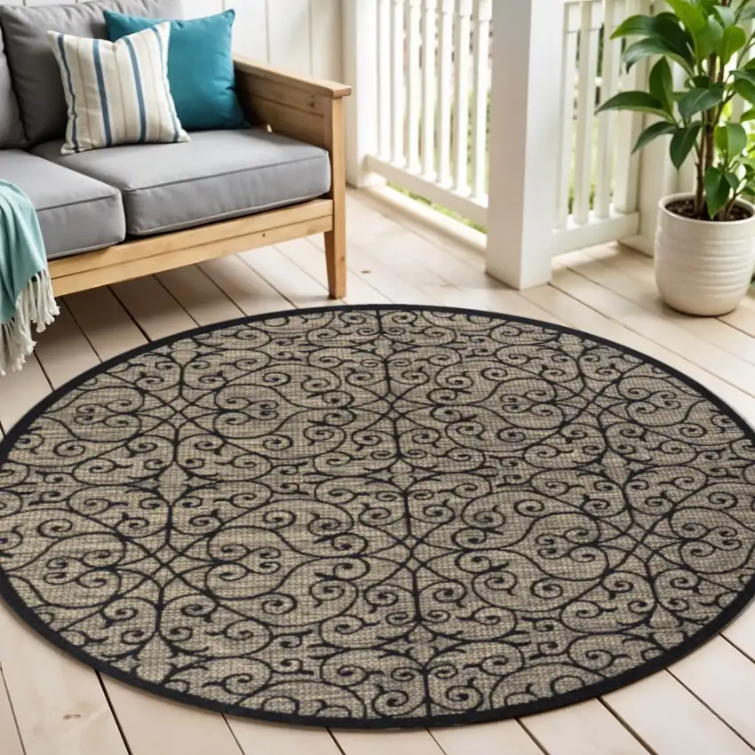 8' Black And Khaki Round Geometric Indoor Outdoor Area Rug Photo 1