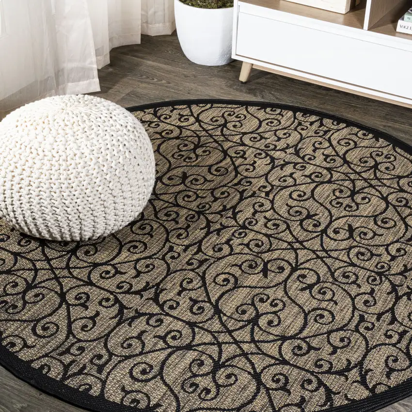 8' Black And Khaki Round Geometric Indoor Outdoor Area Rug Photo 4