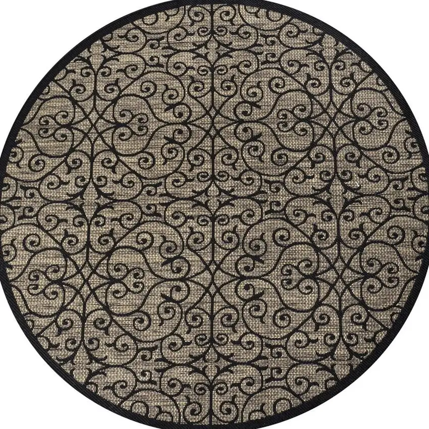 8' Black And Khaki Round Geometric Indoor Outdoor Area Rug Photo 3