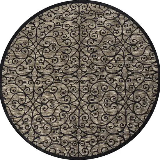 9' Black And Khaki Round Geometric Indoor Outdoor Area Rug Photo 1