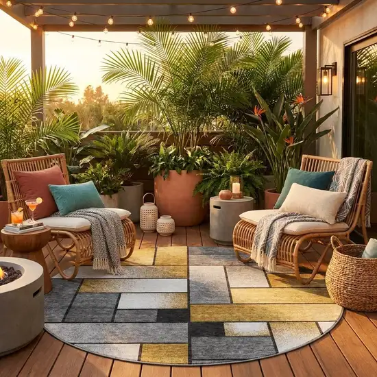 8' Black And Khaki Round Geometric Washable Indoor Outdoor Area Rug Photo 1