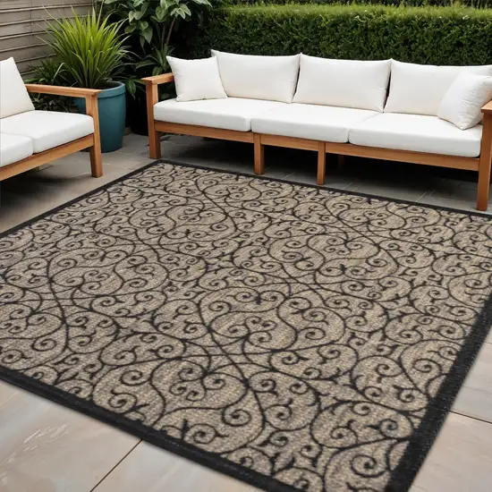 4' Black And Khaki Square Geometric Indoor Outdoor Area Rug Photo 1