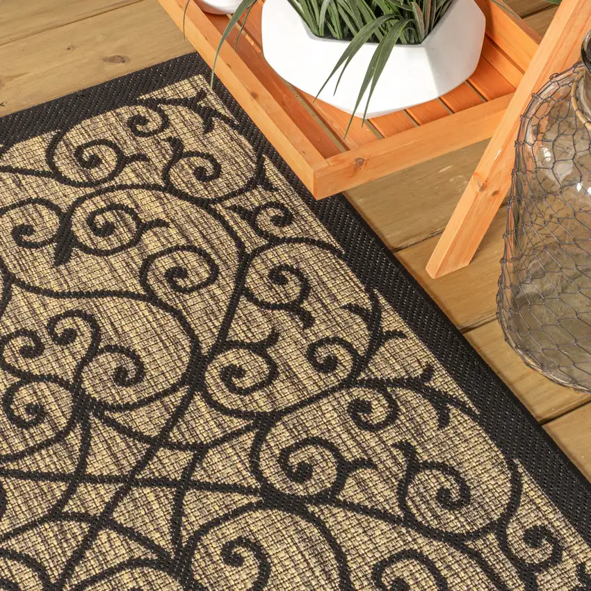 8' Black And Khaki Square Geometric Indoor Outdoor Area Rug Photo 6