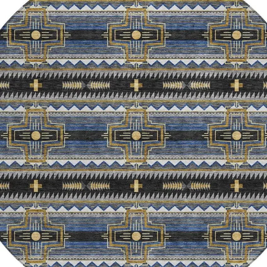8' Black And Mauve Round Tribal Washable Indoor Outdoor Area Rug Photo 5