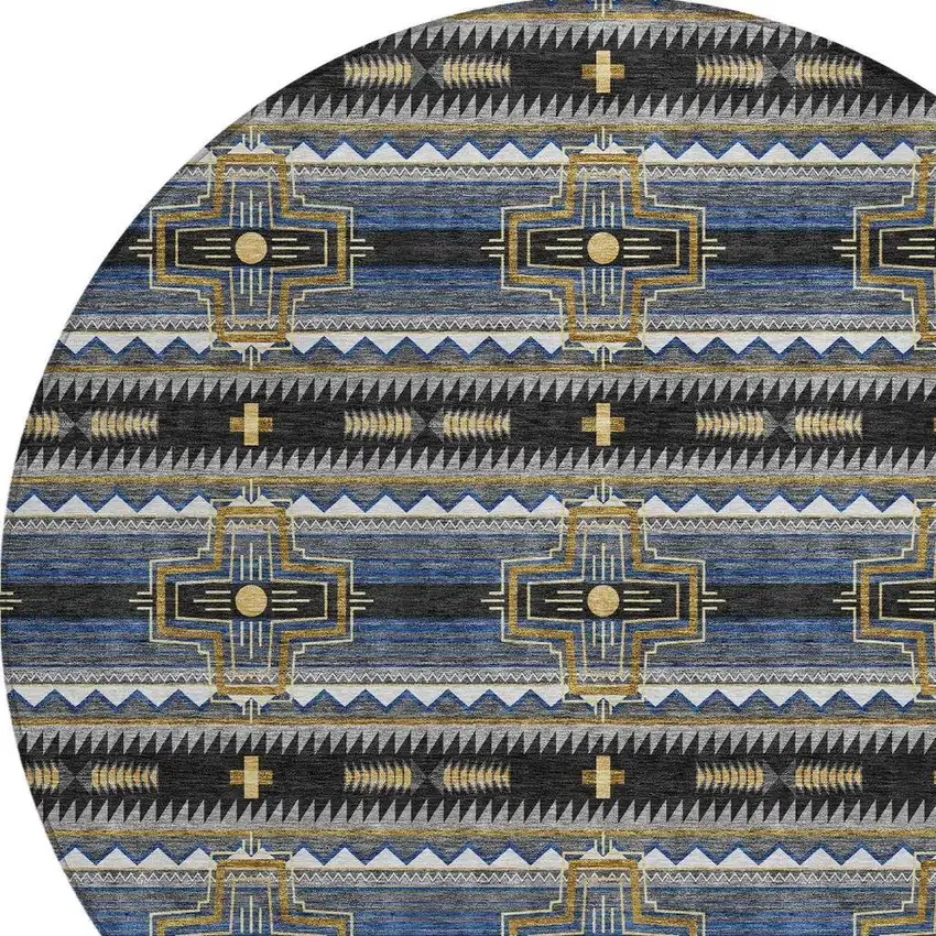 8' Black And Mauve Round Tribal Washable Indoor Outdoor Area Rug Photo 4