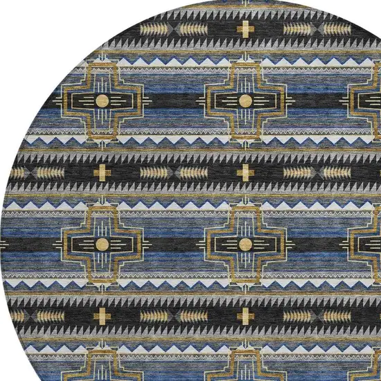 8' Black And Mauve Round Tribal Washable Indoor Outdoor Area Rug Photo 4