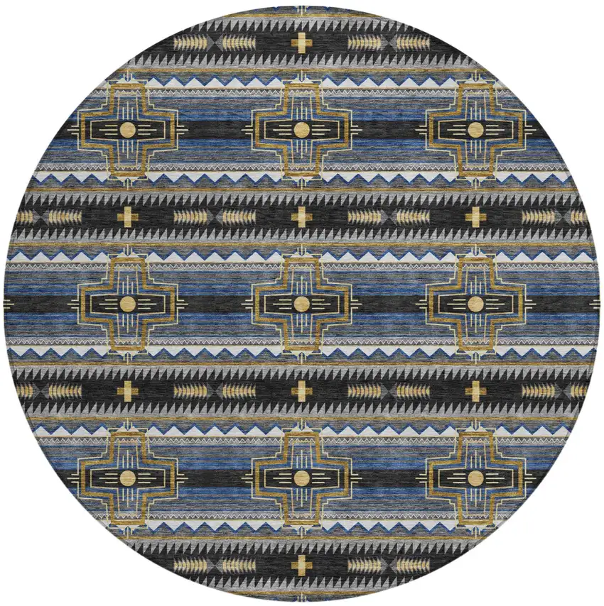 8' Black And Mauve Round Tribal Washable Indoor Outdoor Area Rug Photo 2