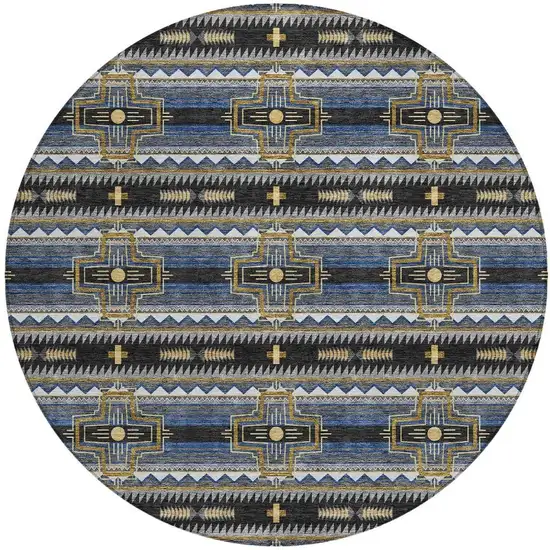 8' Black And Mauve Round Tribal Washable Indoor Outdoor Area Rug Photo 3