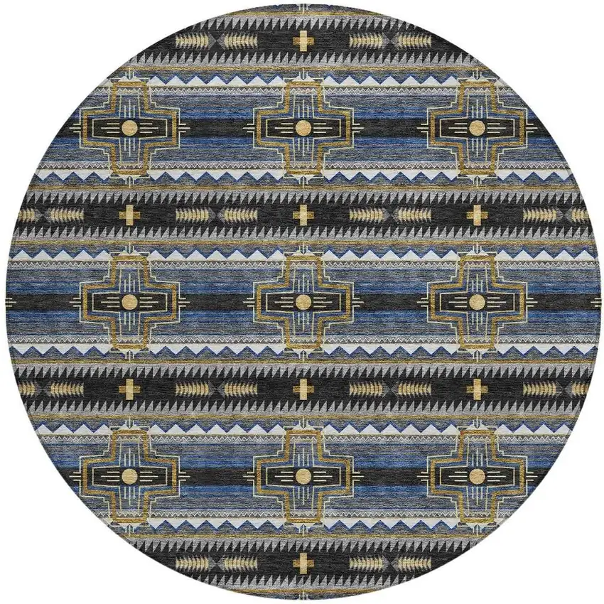 8' Black And Mauve Round Tribal Washable Indoor Outdoor Area Rug Photo 3