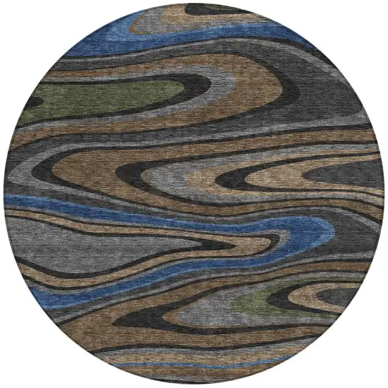 8' Black And Navy Blue Round Abstract Washable Indoor Outdoor Area Rug Photo 4