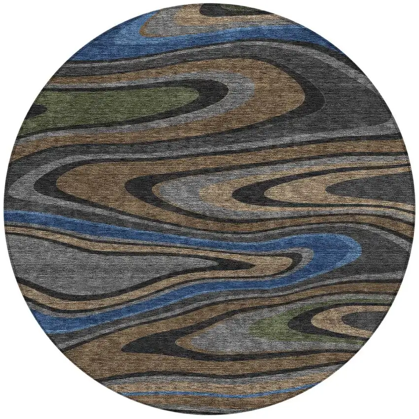8' Black And Navy Blue Round Abstract Washable Indoor Outdoor Area Rug Photo 4