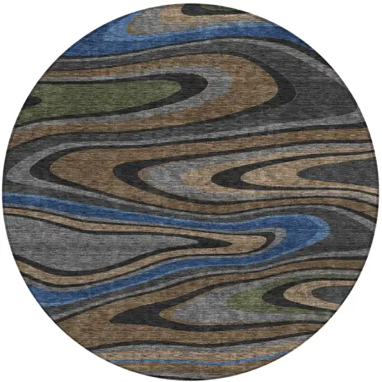 8' Black And Navy Blue Round Abstract Washable Indoor Outdoor Area Rug Photo 2