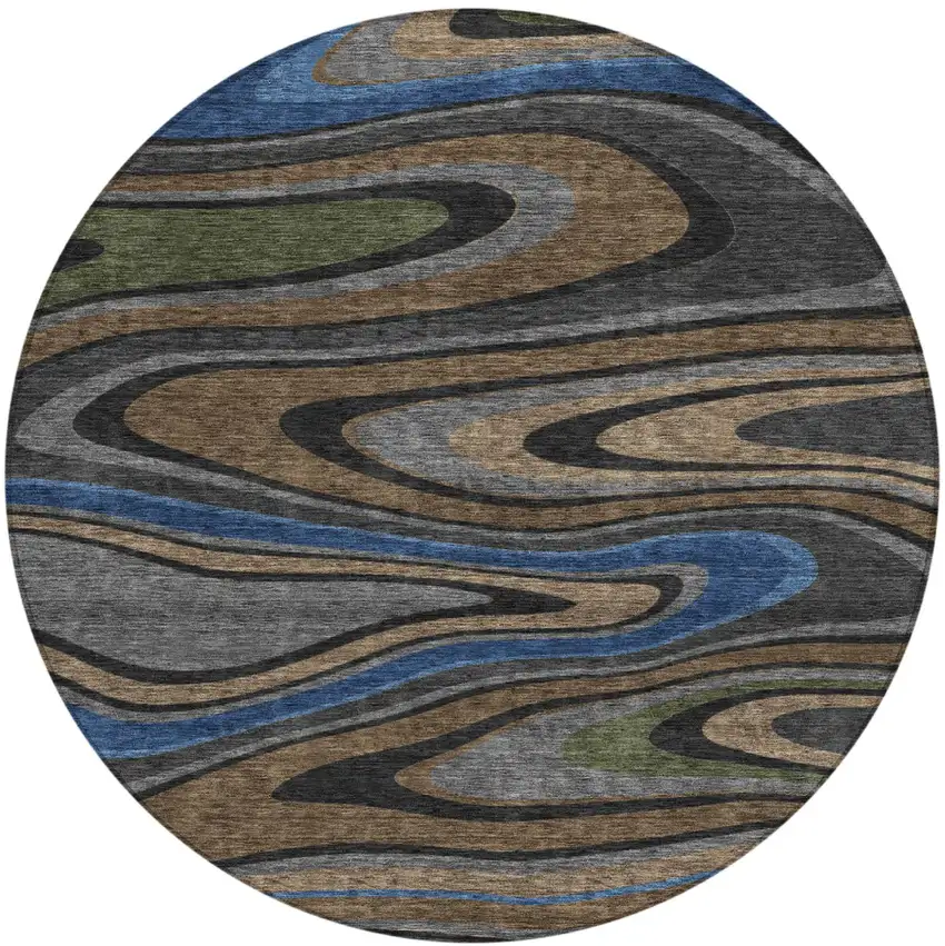 8' Black And Navy Blue Round Abstract Washable Indoor Outdoor Area Rug Photo 2