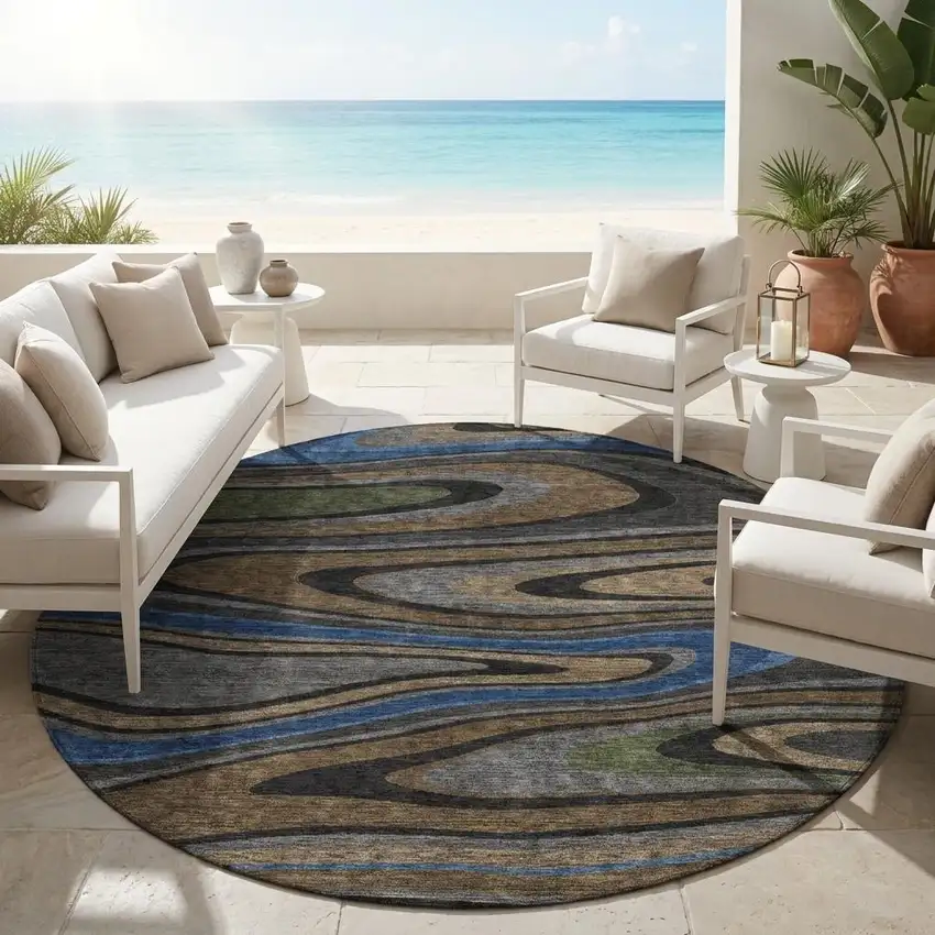 8' Black And Navy Blue Round Abstract Washable Indoor Outdoor Area Rug Photo 1