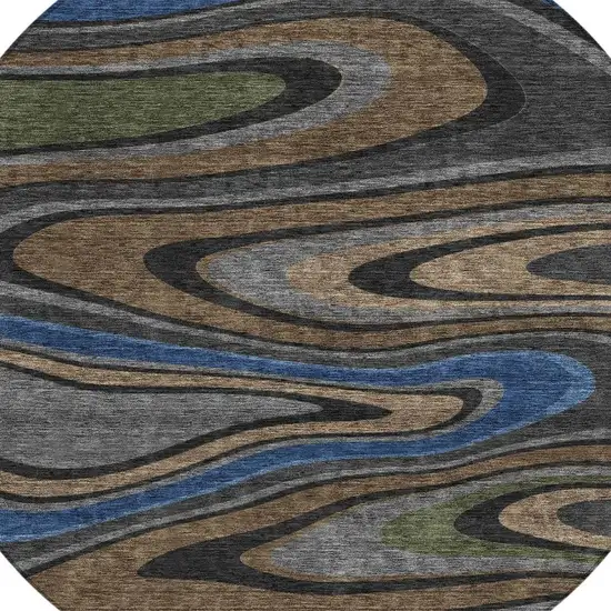 8' Black And Navy Blue Round Abstract Washable Indoor Outdoor Area Rug Photo 3