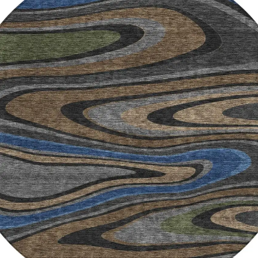 8' Black And Navy Blue Round Abstract Washable Indoor Outdoor Area Rug Photo 3