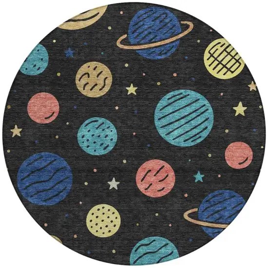 8' Black And Navy Blue Round Floral Washable Indoor Outdoor Area Rug Photo 2