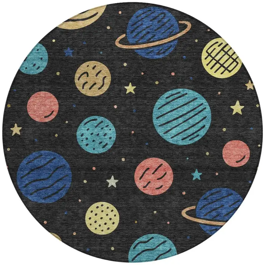 8' Black And Navy Blue Round Floral Washable Indoor Outdoor Area Rug Photo 2