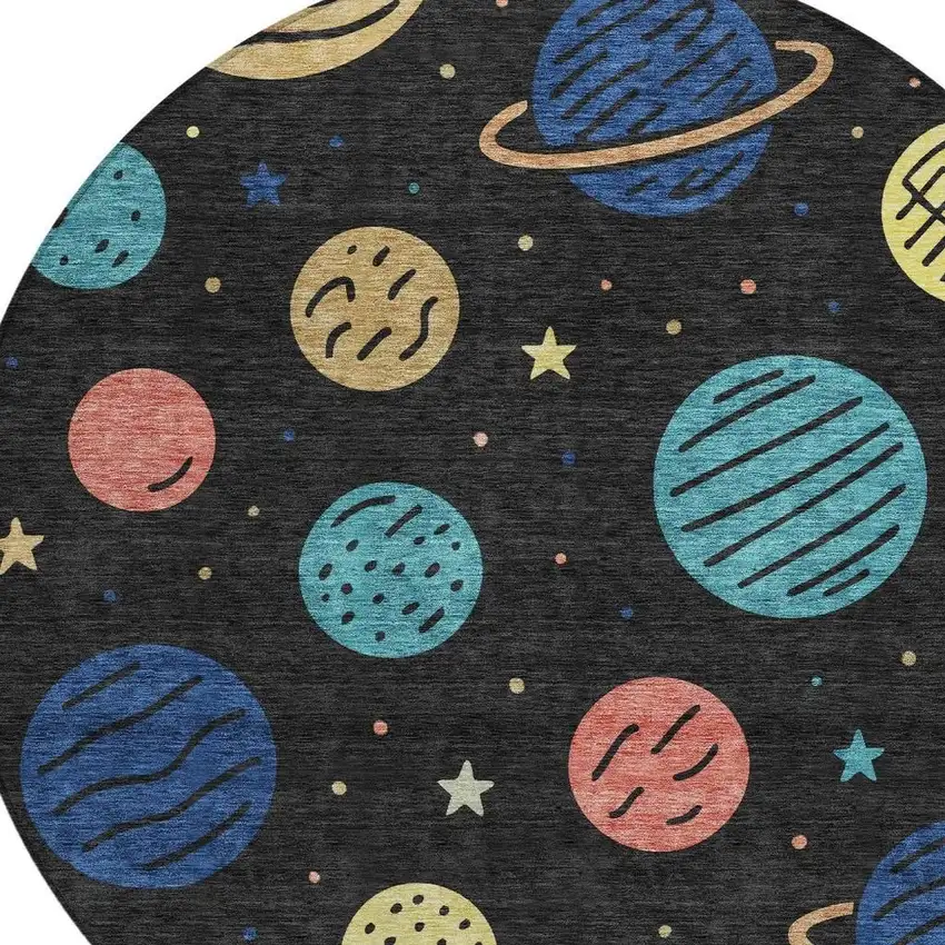 8' Black And Navy Blue Round Floral Washable Indoor Outdoor Area Rug Photo 3