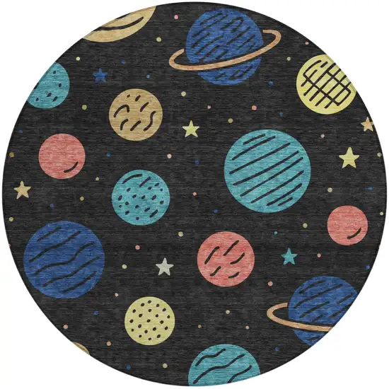 8' Black And Navy Blue Round Floral Washable Indoor Outdoor Area Rug Photo 1