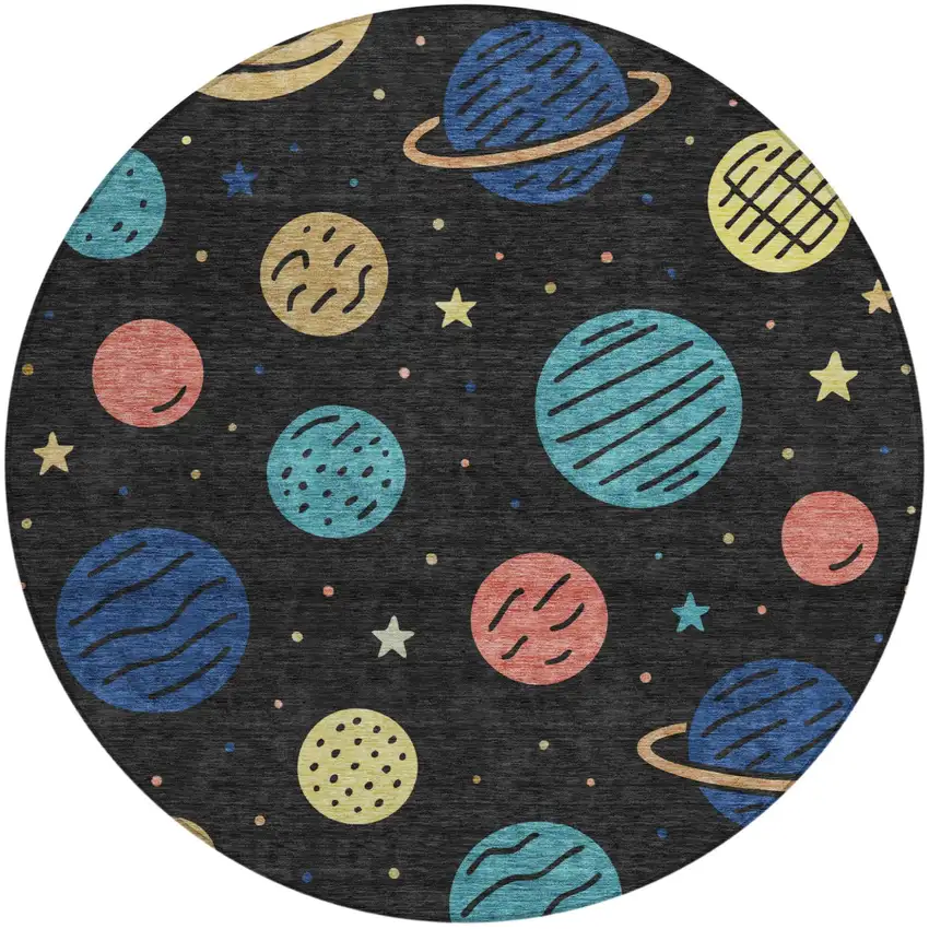 8' Black And Navy Blue Round Floral Washable Indoor Outdoor Area Rug Photo 1