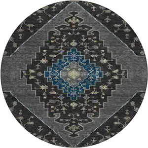 Photo of 8' Black And Navy Blue Round Geometric Washable Indoor Outdoor Area Rug