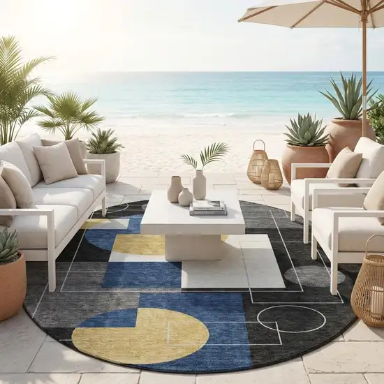 8' Black And Navy Blue Round Geometric Washable Indoor Outdoor Area Rug Photo 1
