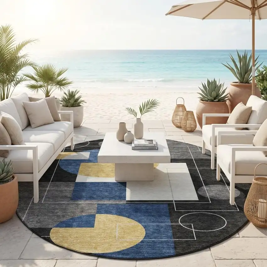 8' Black And Navy Blue Round Geometric Washable Indoor Outdoor Area Rug Photo 1