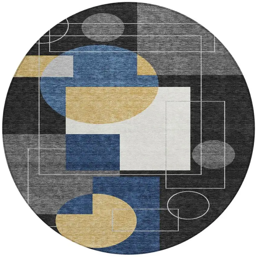 8' Black And Navy Blue Round Geometric Washable Indoor Outdoor Area Rug Photo 4