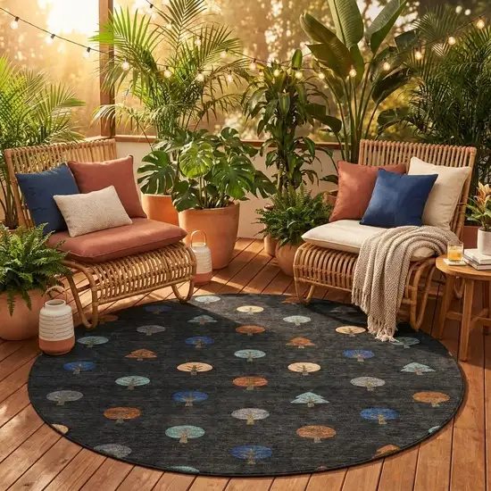 8' Black And Navy Blue Round Geometric Washable Indoor Outdoor Area Rug Photo 1