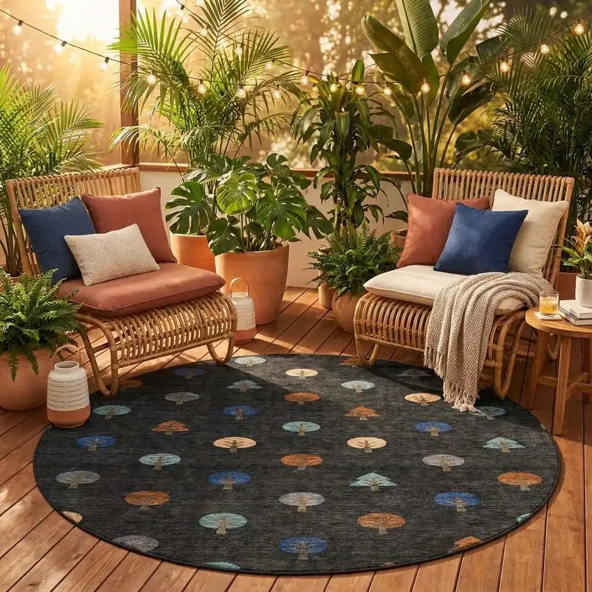 8' Black And Navy Blue Round Geometric Washable Indoor Outdoor Area Rug Photo 1