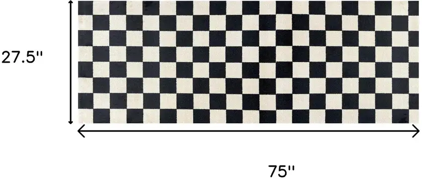 6' Black And Off White Checkered Washable Runner Rug With UV Protection Photo 6