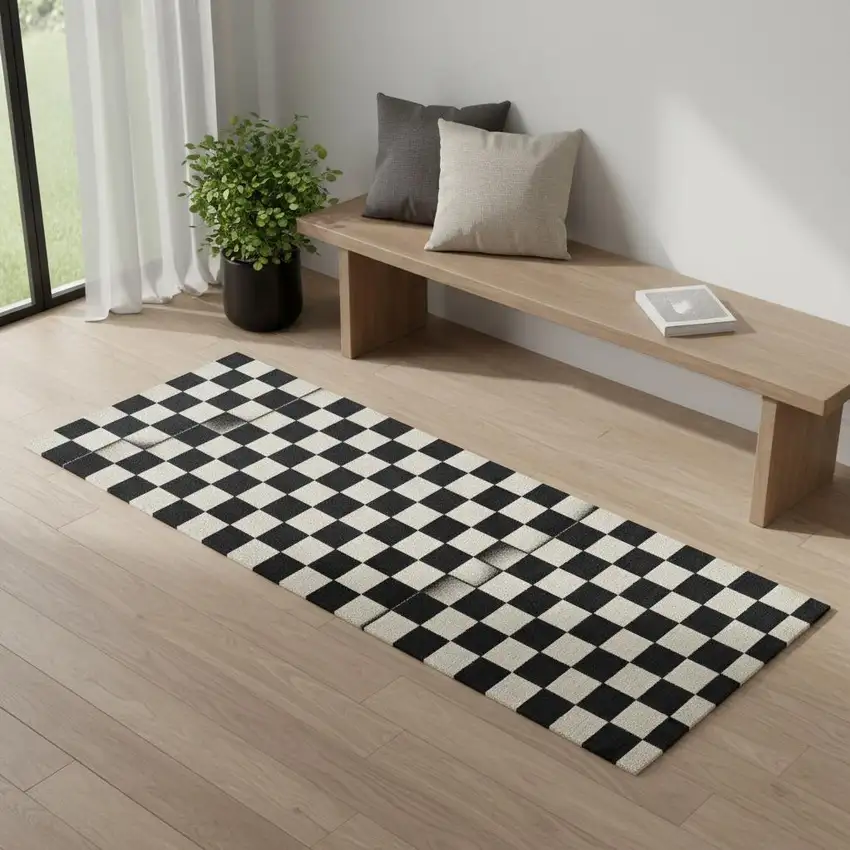 6' Black And Off White Checkered Washable Runner Rug With UV Protection Photo 1