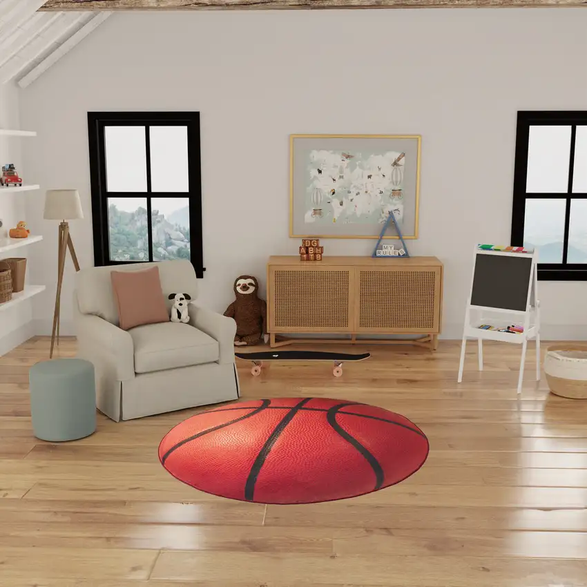 5' Black And Orange Basketball Youthful Washable Round Rug Photo 6