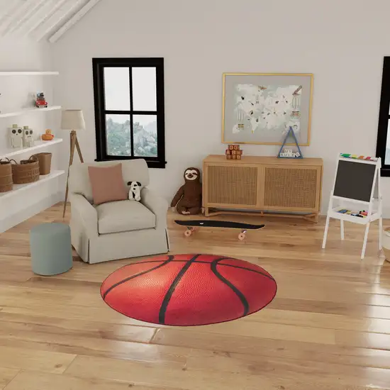 5' Black And Orange Basketball Youthful Washable Round Rug Photo 5