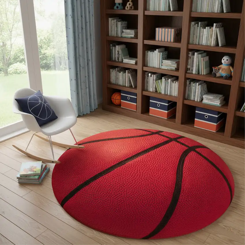 5' Black And Orange Basketball Youthful Washable Round Rug Photo 1