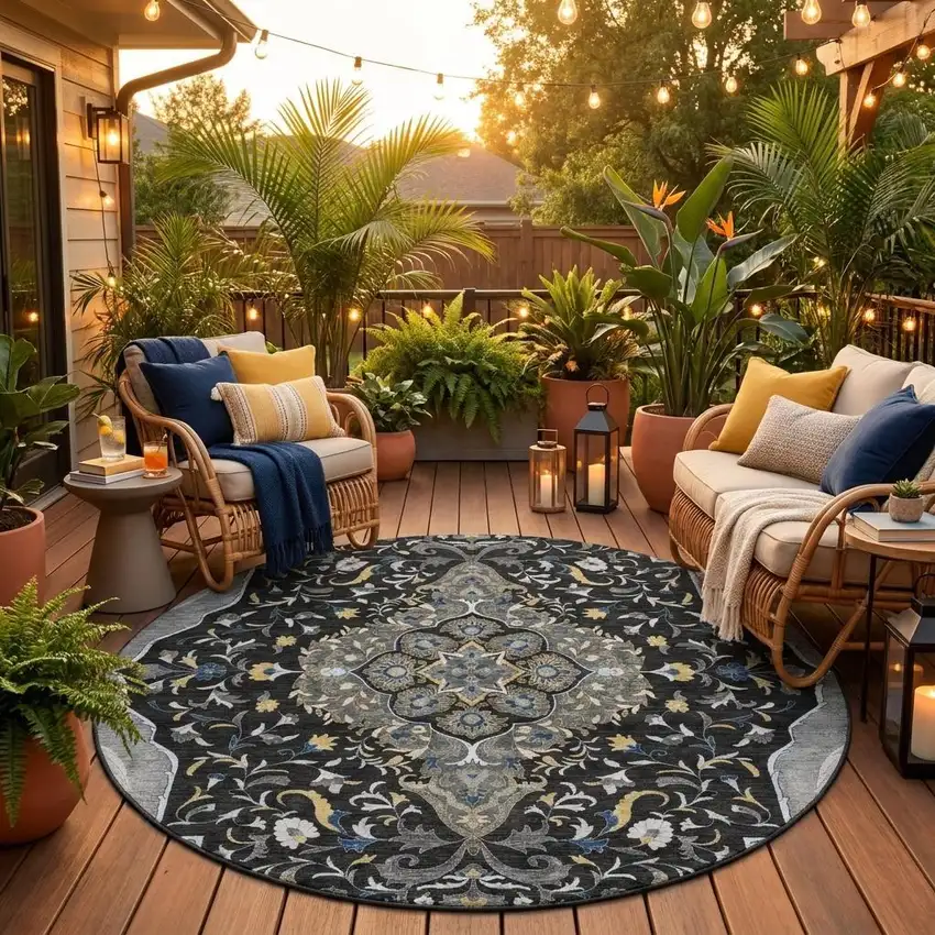 8' Black And Orange Round Medallion Washable Indoor Outdoor Area Rug Photo 1
