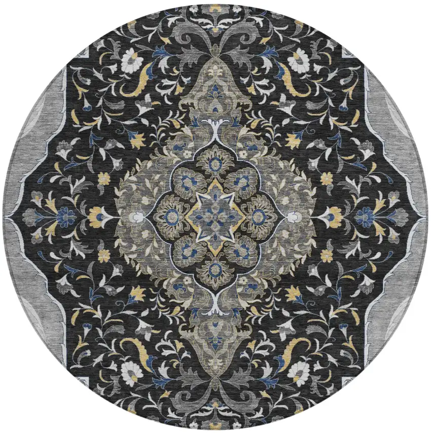 8' Black And Orange Round Medallion Washable Indoor Outdoor Area Rug Photo 2
