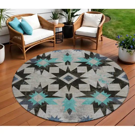 8' Black And Pale Aqua Round Aztec Washable Indoor Outdoor Area Rug Photo 2