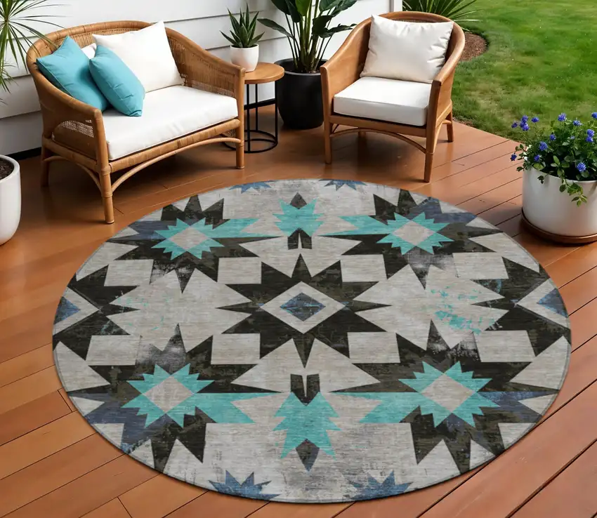 8' Black And Pale Aqua Round Aztec Washable Indoor Outdoor Area Rug Photo 2