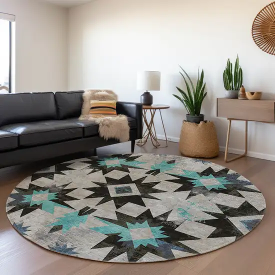 8' Black And Pale Aqua Round Aztec Washable Indoor Outdoor Area Rug Photo 6