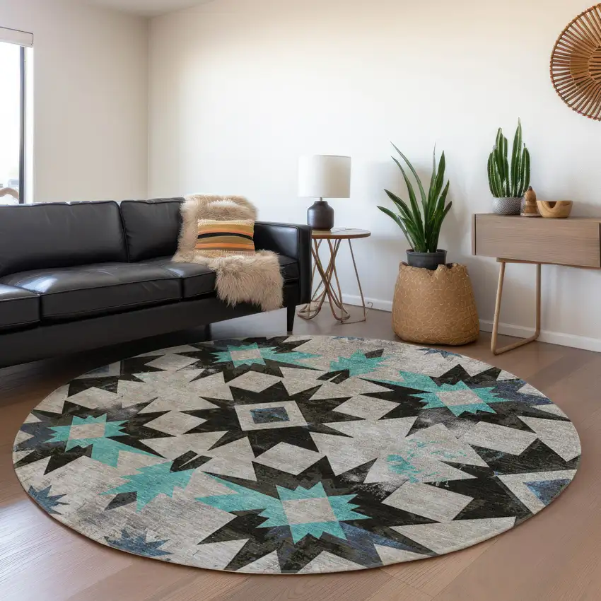 8' Black And Pale Aqua Round Aztec Washable Indoor Outdoor Area Rug Photo 6