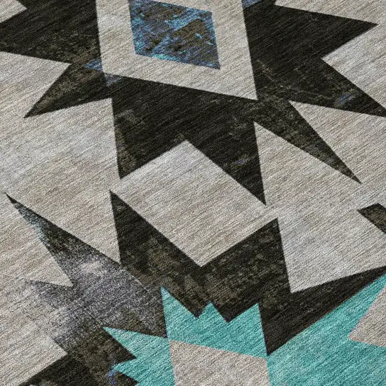 8' Black And Pale Aqua Round Aztec Washable Indoor Outdoor Area Rug Photo 8