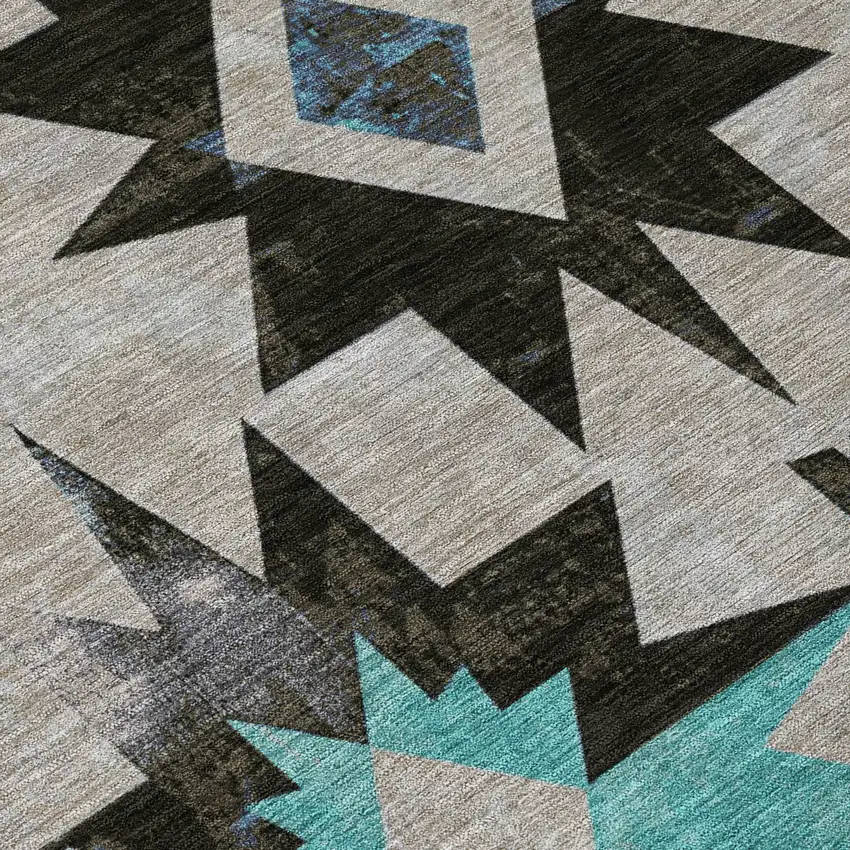 8' Black And Pale Aqua Round Aztec Washable Indoor Outdoor Area Rug Photo 8