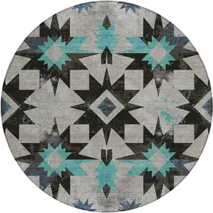 Photo of 8' Black And Pale Aqua Round Aztec Washable Indoor Outdoor Area Rug