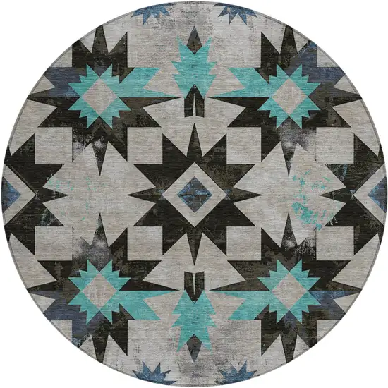 8' Black And Pale Aqua Round Aztec Washable Indoor Outdoor Area Rug Photo 1